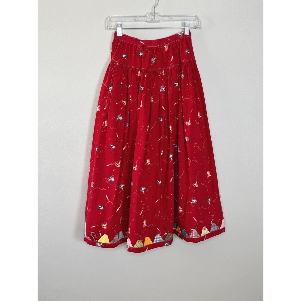 Pink House Flare Midi Skirt Women XXS Red Floral Patchwork Hem Retro Cottagecore